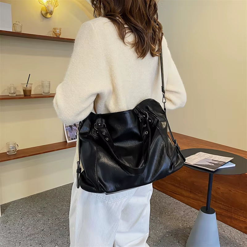 Big Black Shoulder Bags for Women Large Hobo Shopper Bag Solid Color Quality Soft Leather Crossbody Handbag Lady Travel Tote Bag