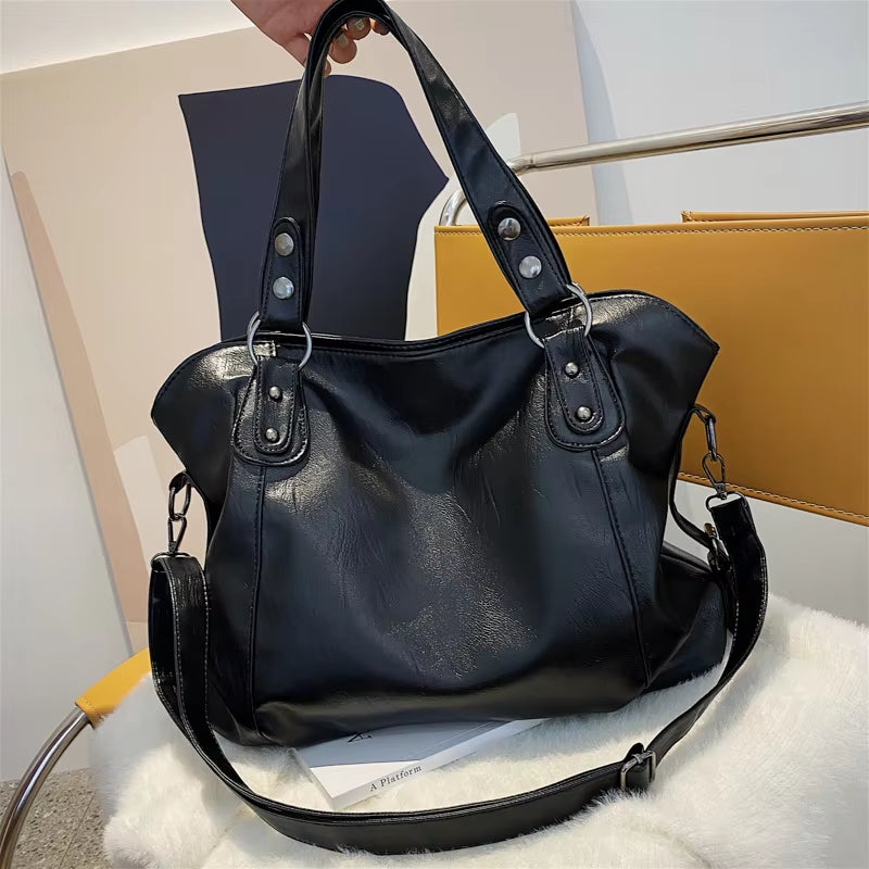 Big Black Shoulder Bags for Women Large Hobo Shopper Bag Solid Color Quality Soft Leather Crossbody Handbag Lady Travel Tote Bag