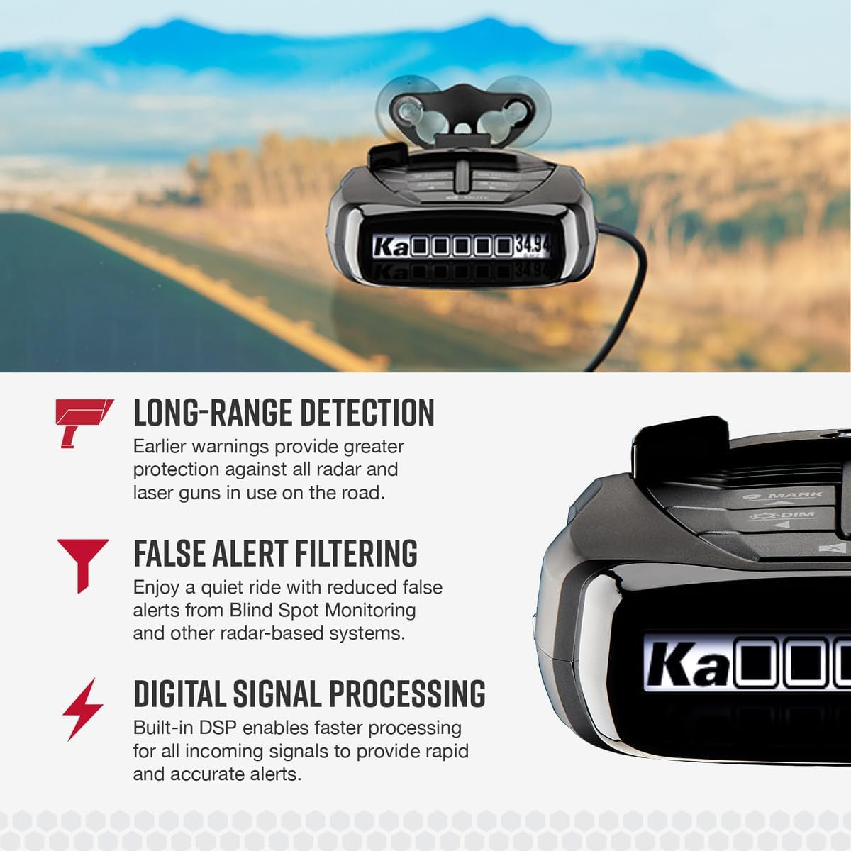 RAD 480I Laser Radar Detector – Long Range Detection, Bluetooth, Apple Carplay and Android Auto Compatible, Lasereye Front and Rear Detection, Digital Signal Processing, Black