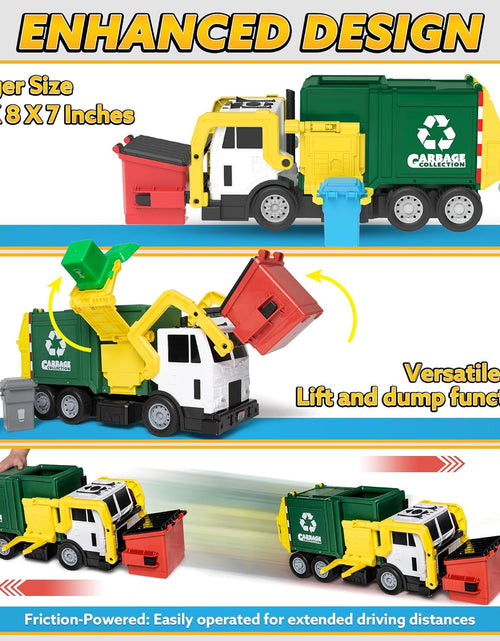 Load image into Gallery viewer, Large Friction Powered Garbage Truck Toy Set, Includes Dumpster, Trash Bins, and Learning Cards for Kids
