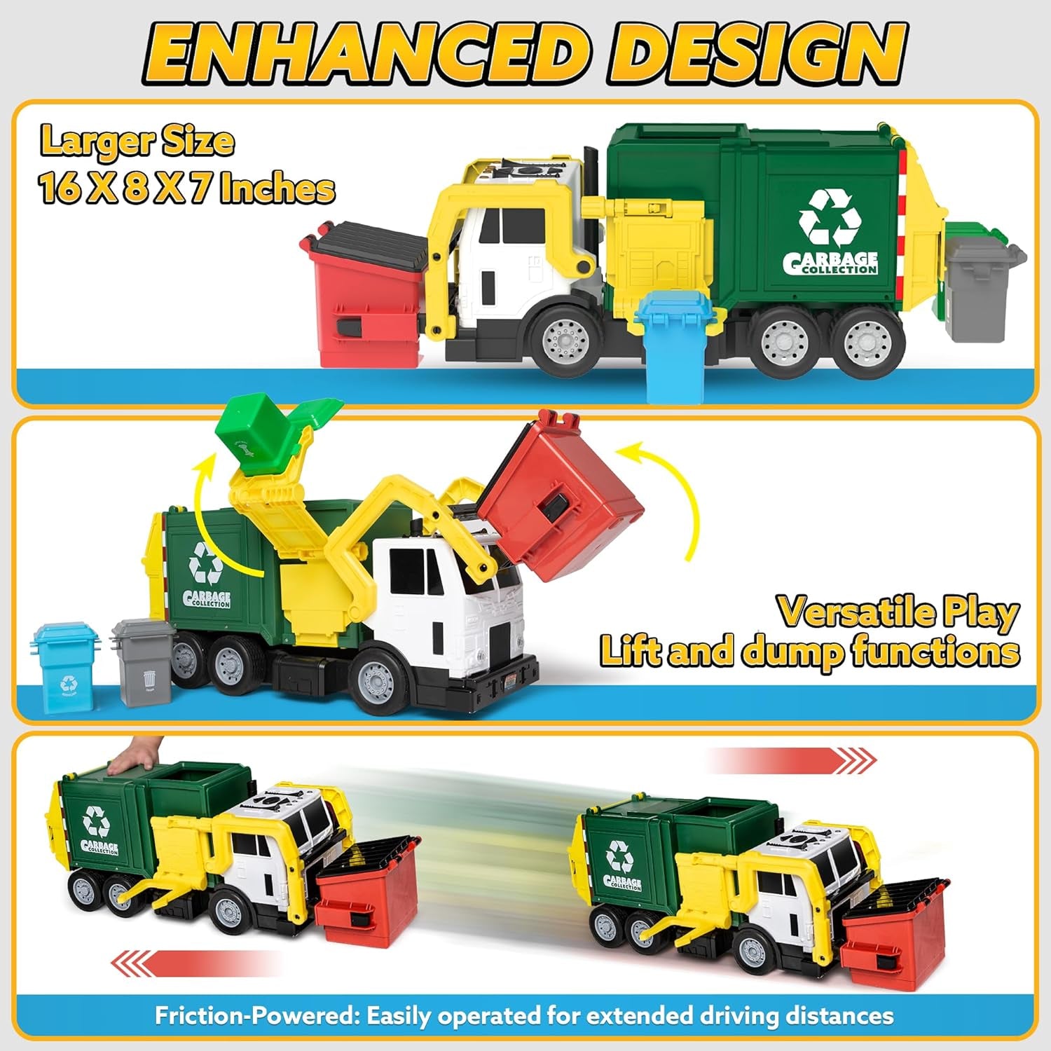 Large Friction Powered Garbage Truck Toy Set, Includes Dumpster, Trash Bins, and Learning Cards for Kids