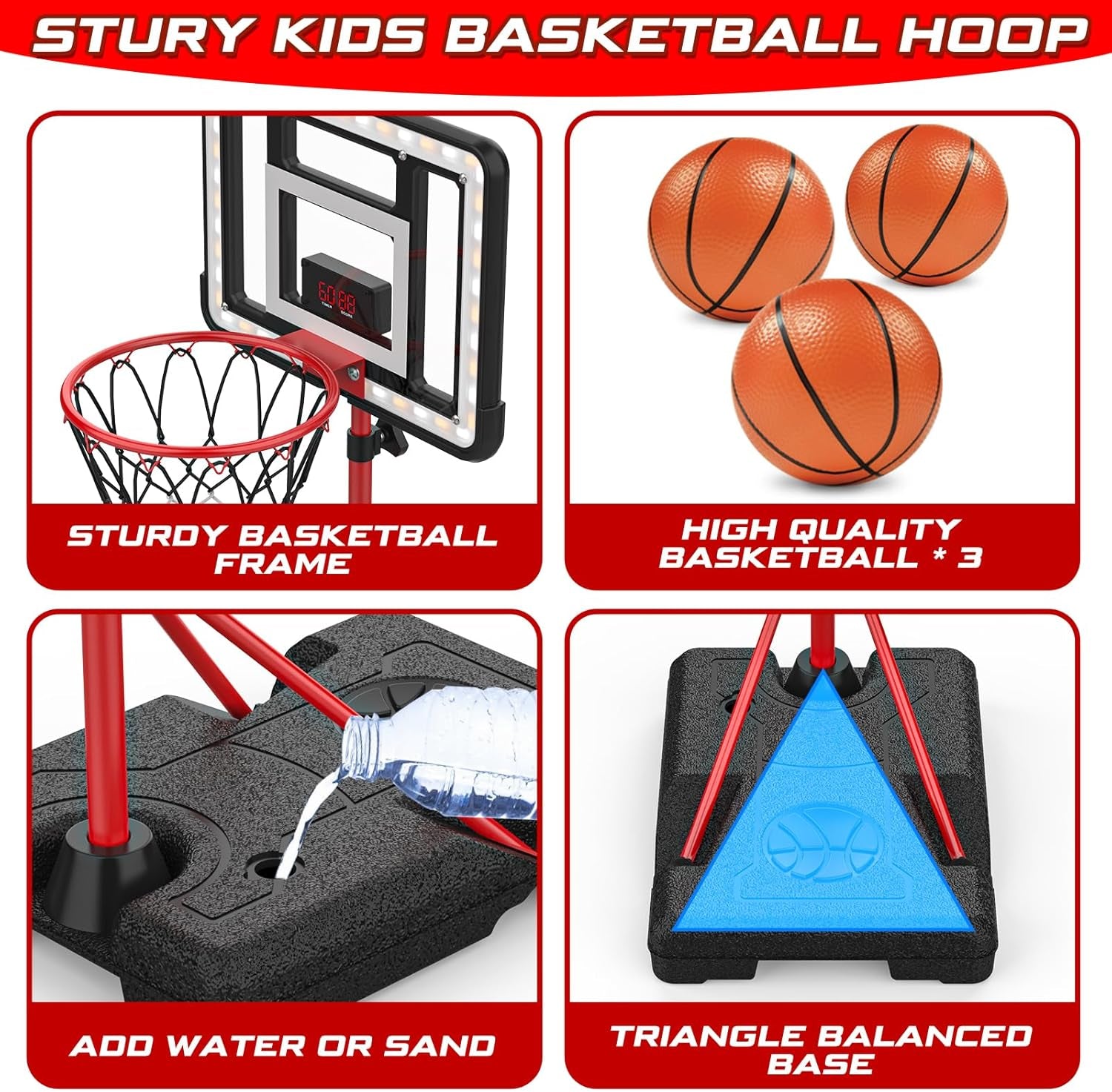 Basketball Hoop for Kids with Stand, Adjustable Height Basketball Hoop with Electronic Scoreboard and LED Light, Indoor Outdoor Backyard Sport Game Gifts Toys for 3 4 5 6 7 8