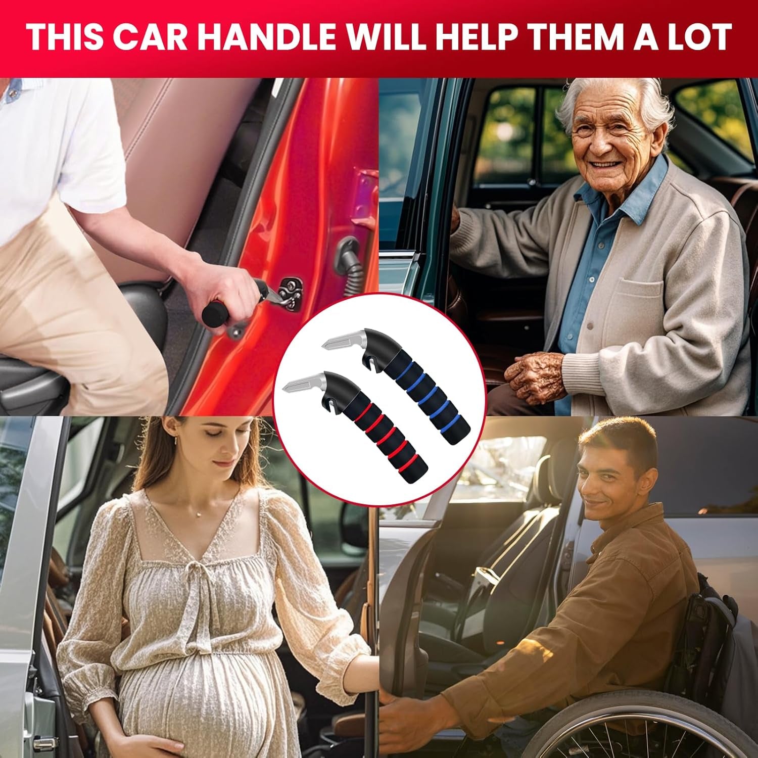 Car Door Handle for Elderly - Auto Grab Handles - Portable Bar Car Support Handle for Elderly & Seniors & Handicap Standing Mobility Safety Tip to Help Get Out（Blue and Red）