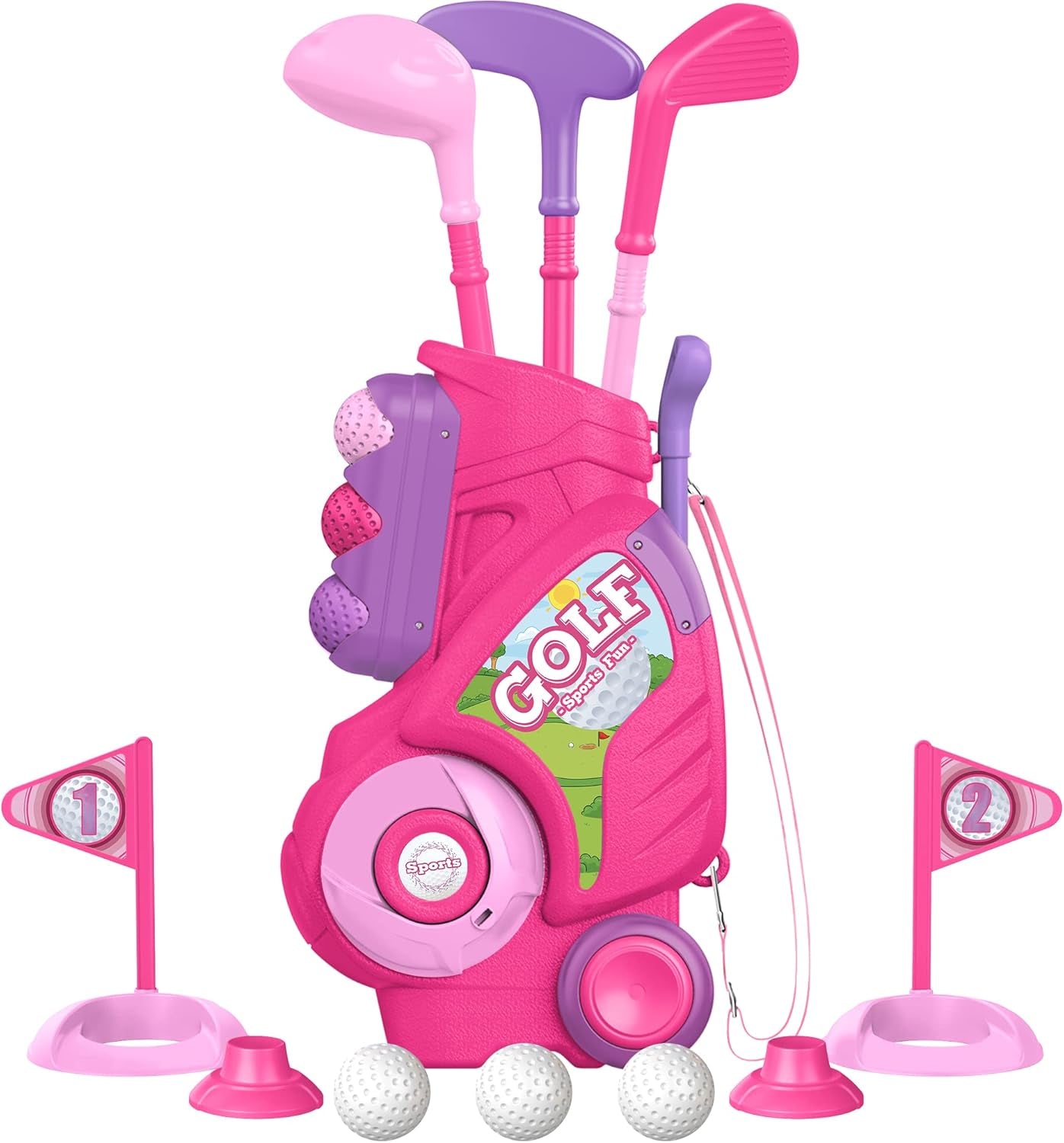 Toddler Golf Set for 1 2 3 4 5 Years Old, Upgraded Kids Golf Cart with Unique Shoulder Strap Design, Indoor and Outdoor Golf Toys for Boys Girls (Pink)