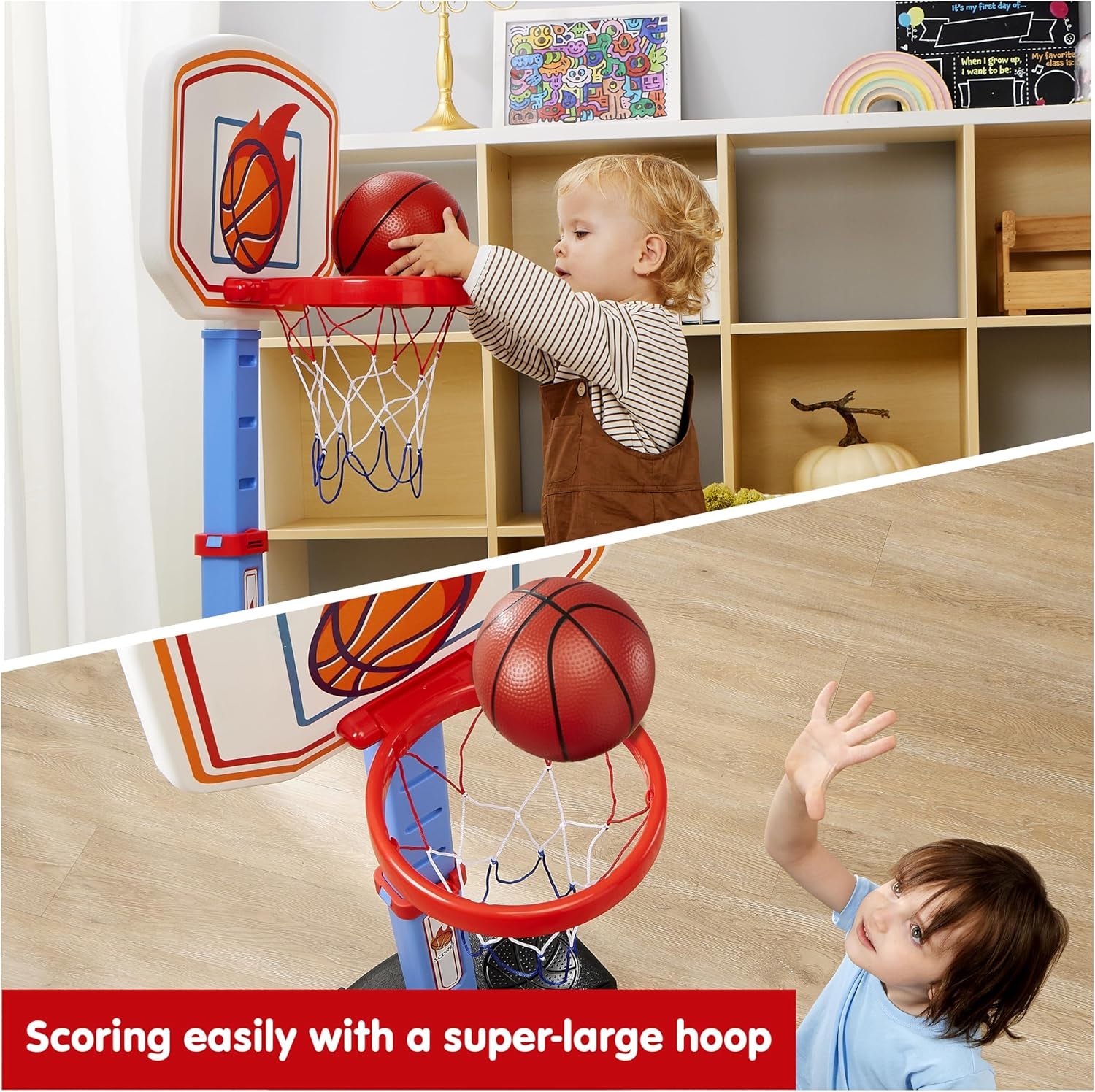 Toddler Basketball Arcade Game Set, Adjustable Basketball Goal with 4 Balls for Kids Indoor Outdoor Play, Carnival Games, Christmas Birthday Gift for Boys Girls Age 1 and up - Air Pump Included