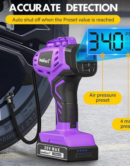 Load image into Gallery viewer, Tire Inflator Portable Air Compressor, 20V Cordless Car Tire Pump, Rechargeable Battery Powered Air Compressor W/12V DC Adapter Purple
