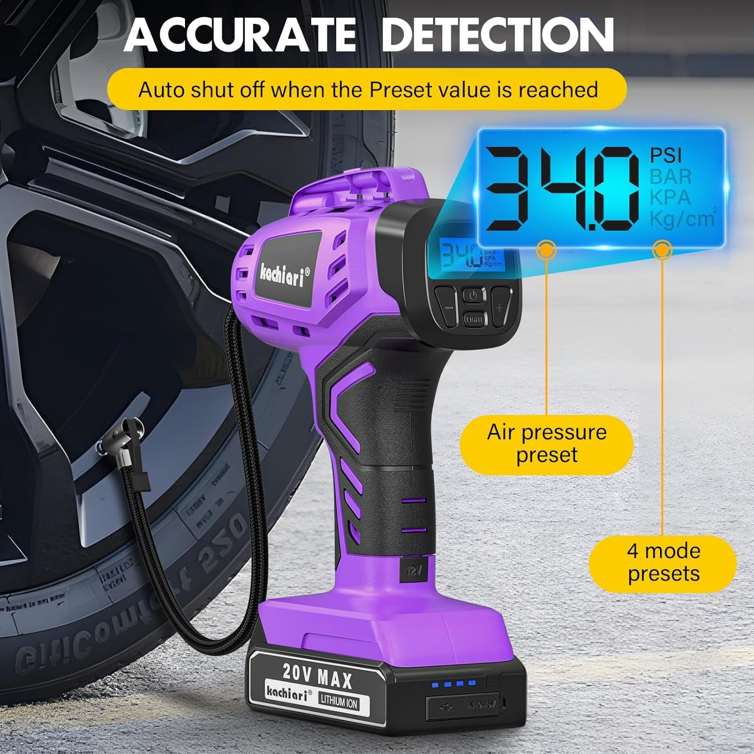 Tire Inflator Portable Air Compressor, 20V Cordless Car Tire Pump, Rechargeable Battery Powered Air Compressor W/12V DC Adapter Purple