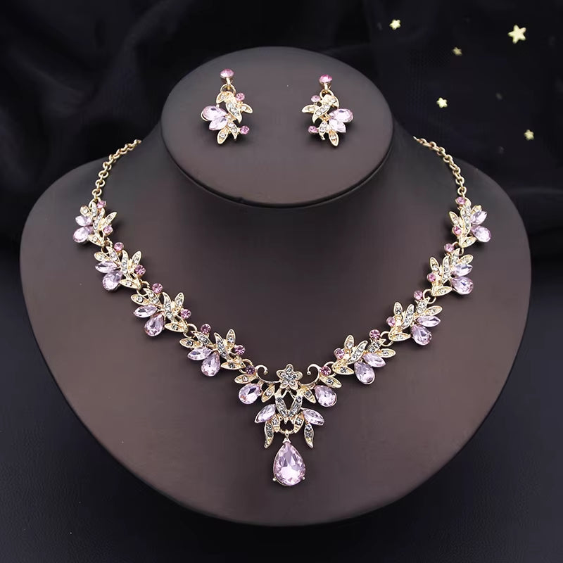 Elegant Fashion Necklace Sets for Women Dangle Earrings Princess Collar Two Piece Set Bride Jewelry Bridal Wedding Accessories