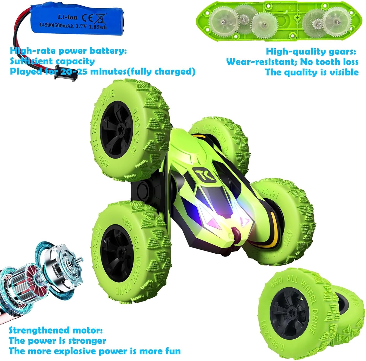 RC Stunt Cars Remote Control Car Double-Sided Driving 360-Degree Flips Rotating Car Toy, Green