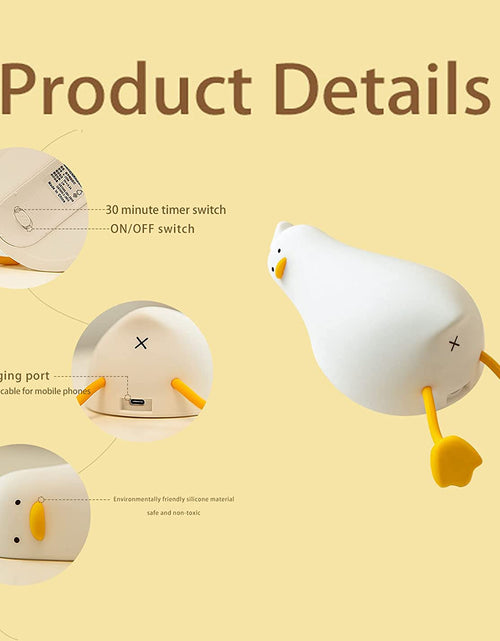 Load image into Gallery viewer, LED Lying Flat Duck Night Light, 3 Level Dimmable Nursery Nightlight,Cute Lamps Silicone Squishy Light up Duck,Rechargeable Bedside Touch Lamp for Breastfeeding Toddler Baby Kids Decor
