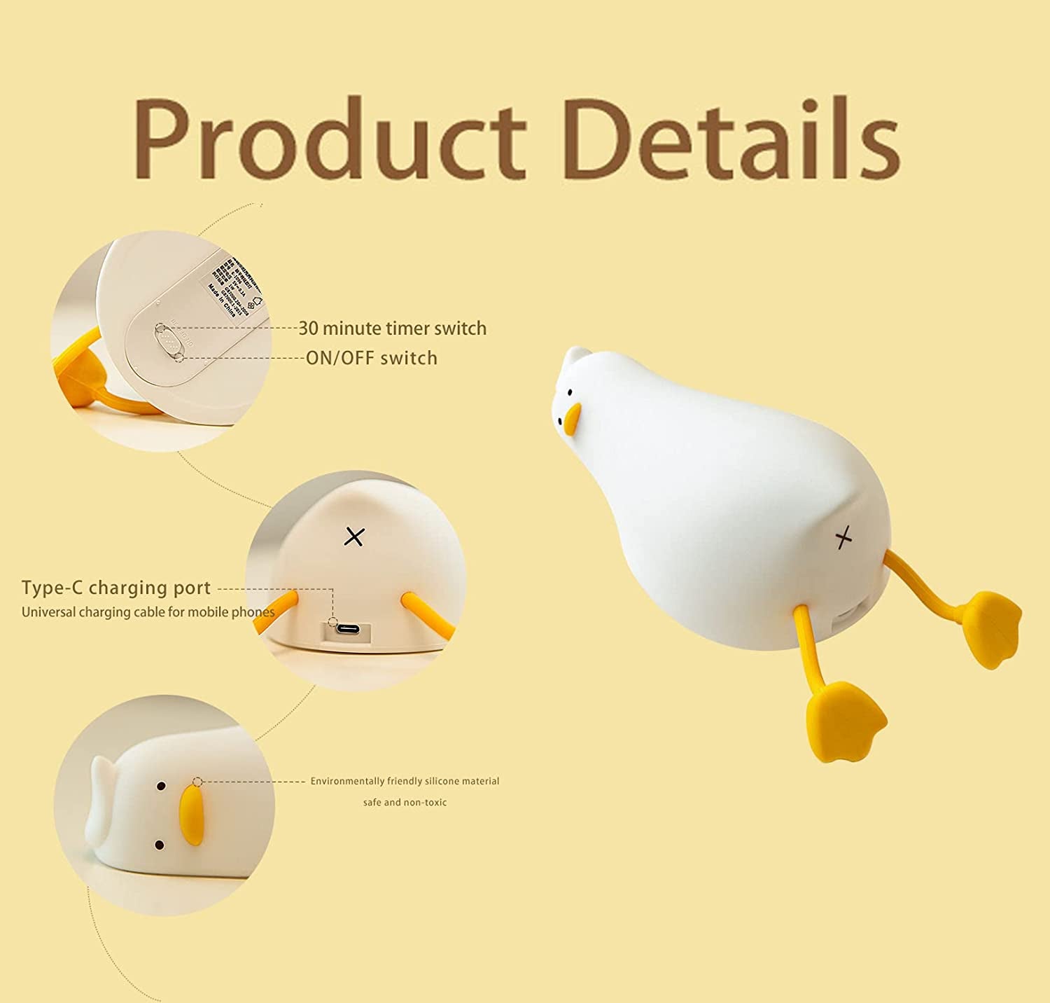 LED Lying Flat Duck Night Light, 3 Level Dimmable Nursery Nightlight,Cute Lamps Silicone Squishy Light up Duck,Rechargeable Bedside Touch Lamp for Breastfeeding Toddler Baby Kids Decor