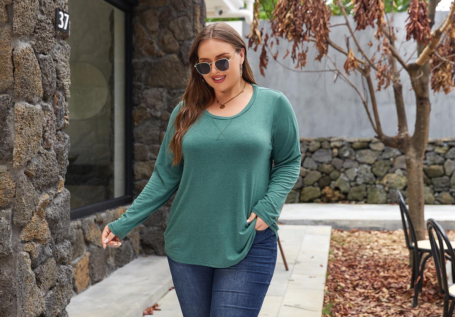 Women'S plus Size Long Sleeve round Neck Tunics Tops Casual Loose Fit T Shirt Blouse