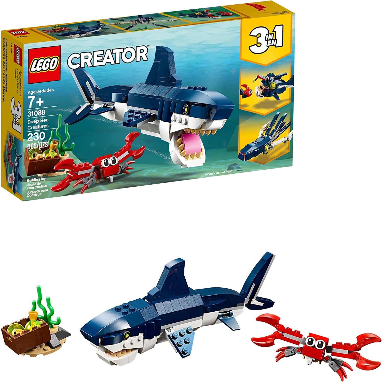 Creator 3 in 1 Deep Sea Creatures, Transforms from Shark and Crab to Squid to Angler Fish, Sea Animal Toys, Gifts for 7 plus Year Old Girls and Boys, 31088