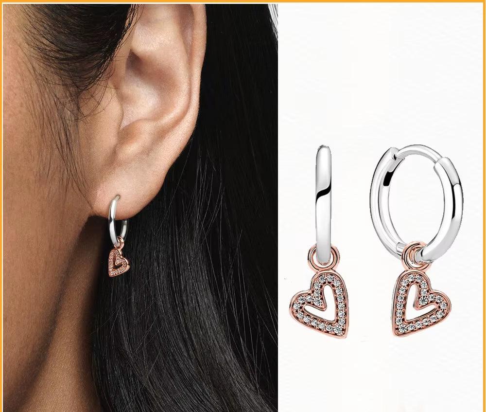 Original Authentic 925 Sterling Silver Earrings Sparkling Freehand Heart Hoop Plata Pandore Earrings Women Fashion Jewelry Gift