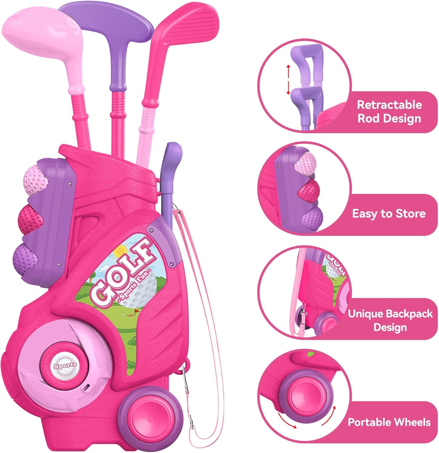 Toddler Golf Set for 1 2 3 4 5 Years Old, Upgraded Kids Golf Cart with Unique Shoulder Strap Design, Indoor and Outdoor Golf Toys for Boys Girls (Pink)