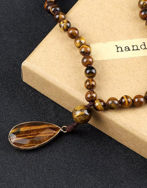 Load image into Gallery viewer, Vintage Design Tiger Eye Stone Necklace Handmade Knotted 6Mm 108 Mala Beads Necklaces Drop Pendant Women Men Yoga Jewelry Gifts
