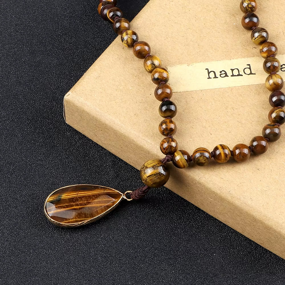 Vintage Design Tiger Eye Stone Necklace Handmade Knotted 6Mm 108 Mala Beads Necklaces Drop Pendant Women Men Yoga Jewelry Gifts