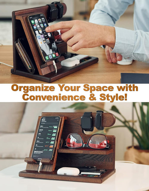 Load image into Gallery viewer, Wood Phone Docking Station - Nightstand Organizer - Desk Organizer for Husband - Birthday Gifts for Men, Dad - Idea for Anniversary from Wife - Key Holder - Stand Wallet &amp; Watch (Deep Brown)
