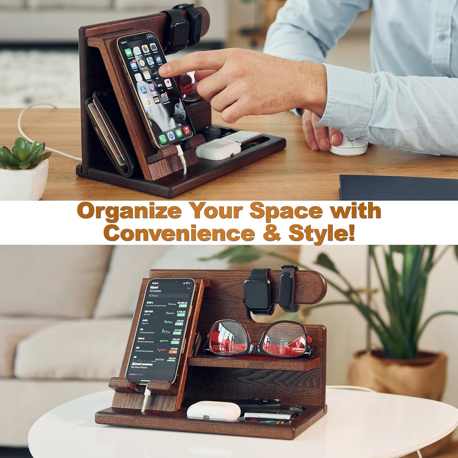 Wood Phone Docking Station - Nightstand Organizer - Desk Organizer for Husband - Birthday Gifts for Men, Dad - Idea for Anniversary from Wife - Key Holder - Stand Wallet & Watch (Deep Brown)