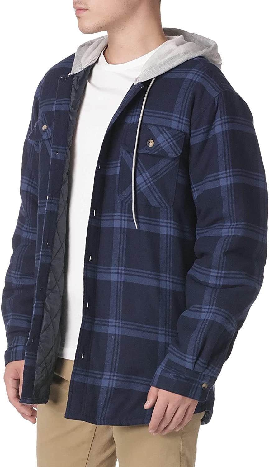 Men'S Long Sleeve Quilted Lined Flannel Shirt Jacket with Hood