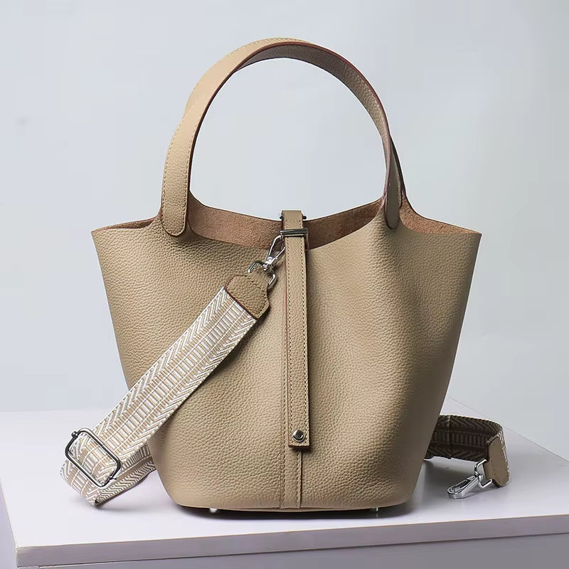 Various Genuine Leather Luxury Bag Fashion  Vegetable Basket Style Portable Women Bucket Bag with Lock