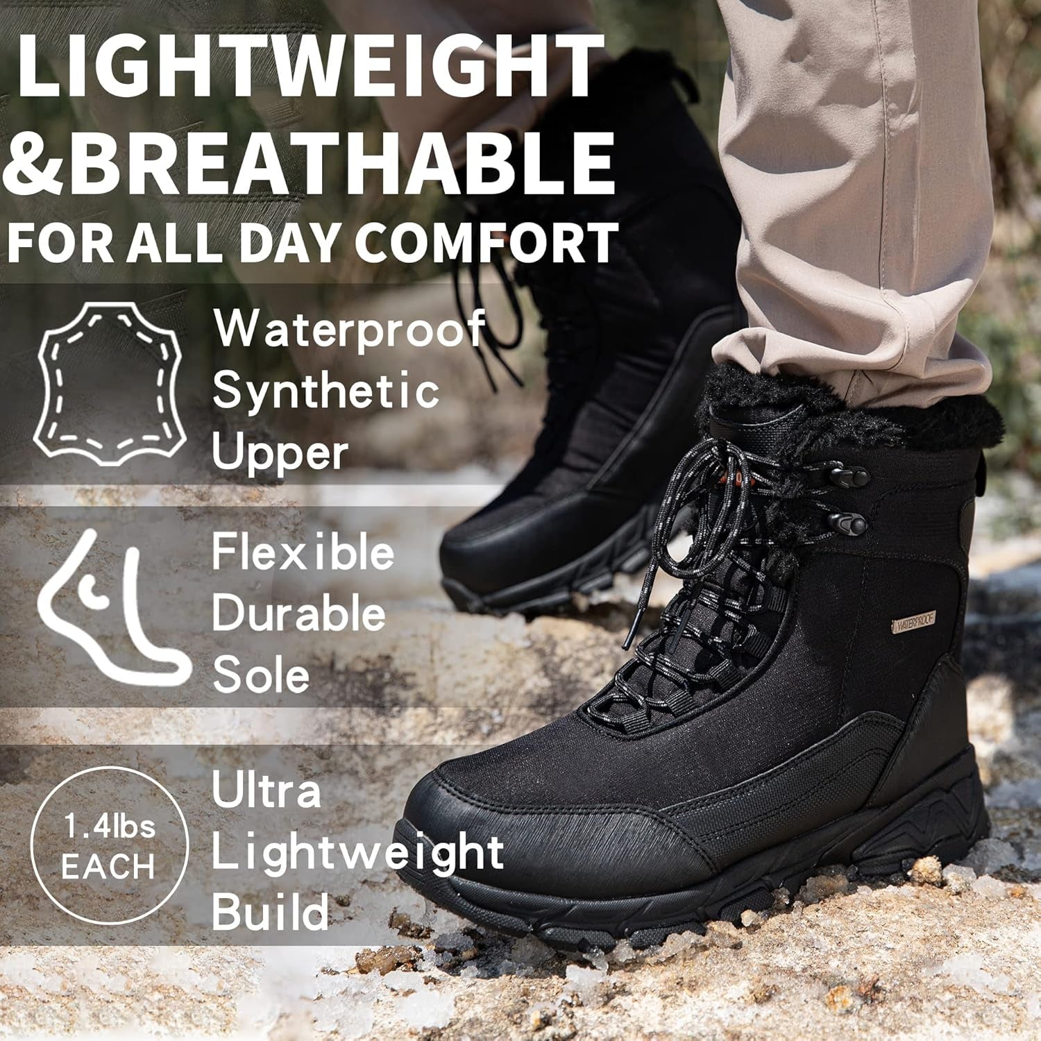 Men'S Snow Boots Waterproof Warm Fur Lined Winter Hiking Boot Non-Slip Outdoor Ankle High-Top Shoes Work Hiker Trekking Trail