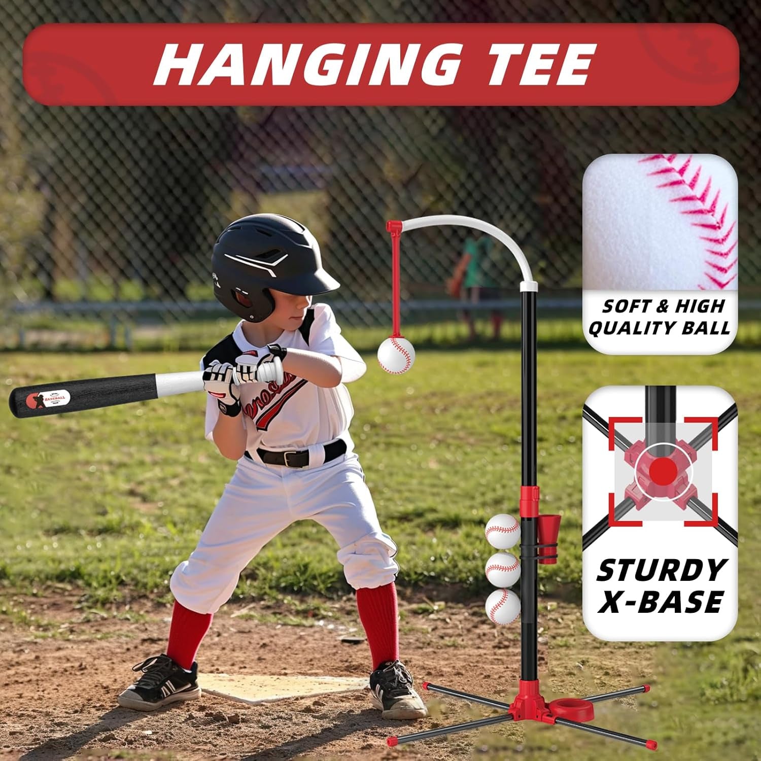 3-In-1 T Ball Set - Adjustable Height, Hanging Tee Ball Set with Automatic Pitching Machine/6 Balls/Retractable Bat, T Ball Stand Suit for Outdoor, Sport Toys Gifts for Kids Boys Age 3+