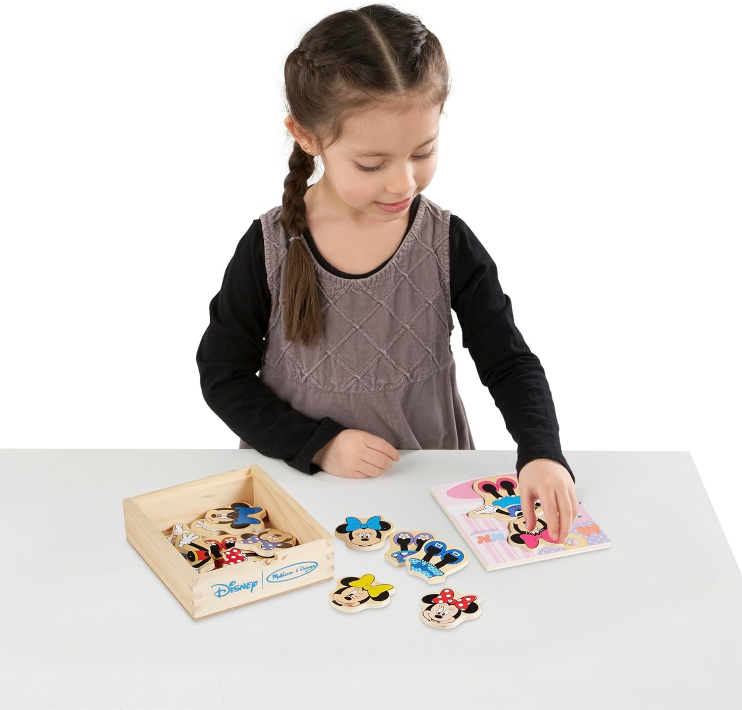 Disney Minnie Mouse Mix and Match Dress-Up Wooden Play Set (18 Pcs) - Minnie Mouse Toys for Disney Fans, Fashion Puzzle Travel Toys for Kids Ages 3+