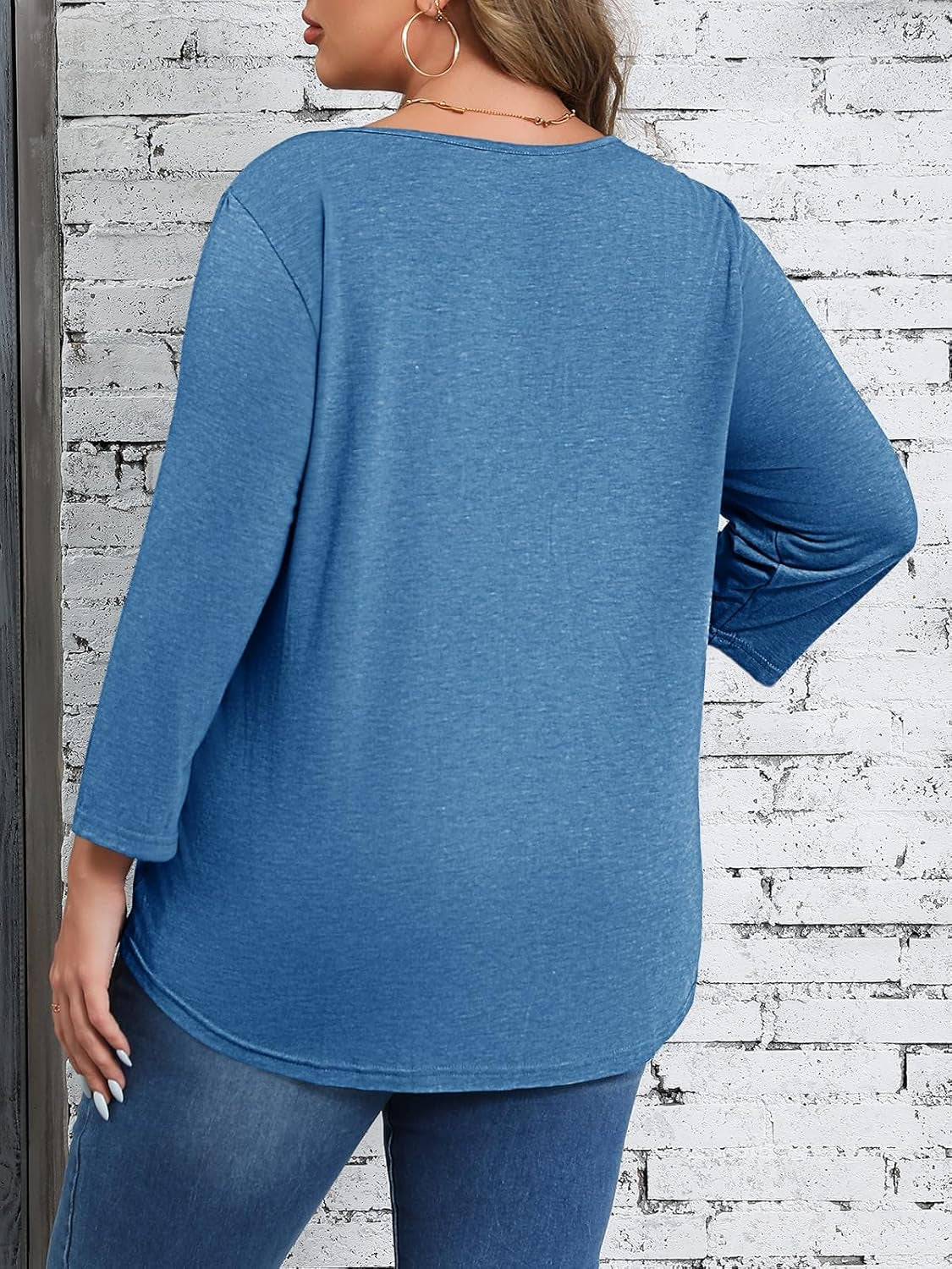 Womens plus Size T-Shirts V Neck 3/4 Sleeve Tops Fall Henley Shirts Casual Basic Loose Fit Blouses