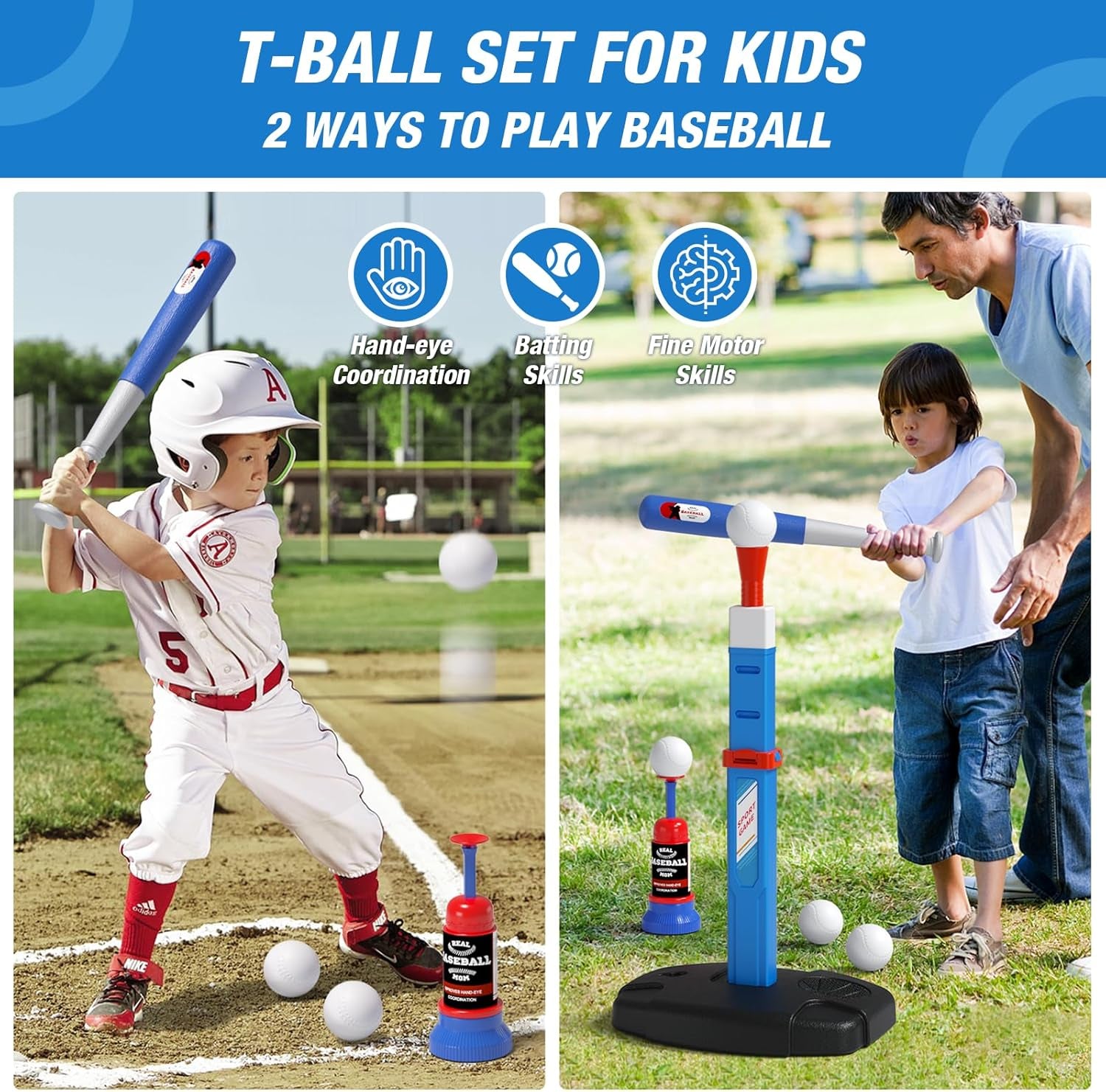 2 in 1 Kids Basketball Hoop and T Ball Set - Adjustable Height, Kids Baseball Tee with Automatic Pitching Machine, Indoor Outdoor Sport Toys Gifts for Toddler Boys Girls Age 1-5, Blue