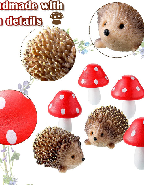 Load image into Gallery viewer, Resin Hedgehogs &amp; Wood Mushroom Sculpture, Fairy Wild Garden Supplies, 6 Pieces, Red, Handmade Decor
