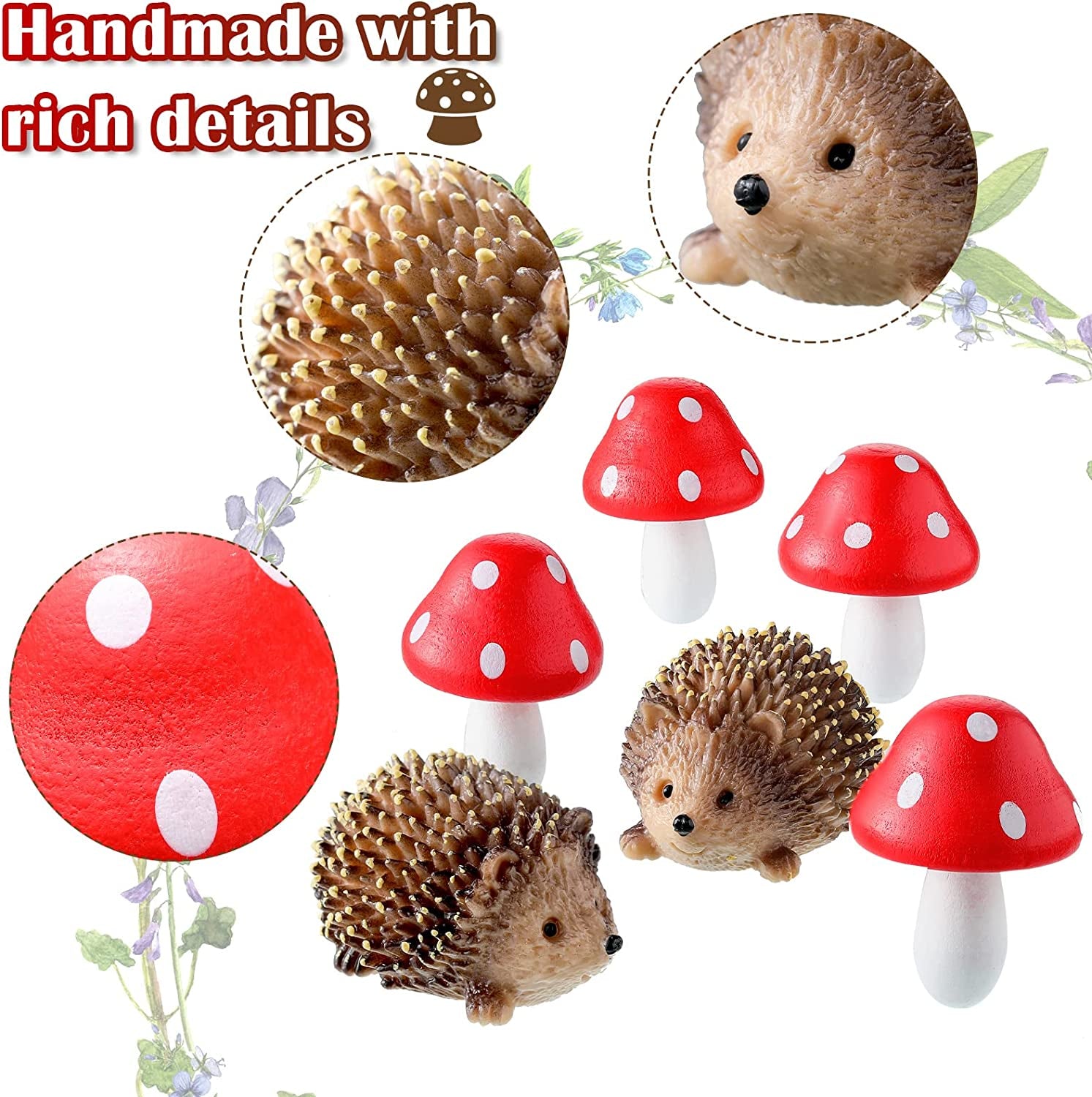 Resin Hedgehogs & Wood Mushroom Sculpture, Fairy Wild Garden Supplies, 6 Pieces, Red, Handmade Decor