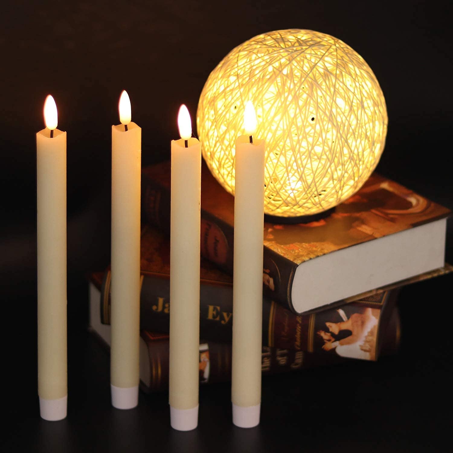 Flameless Ivory Taper Candles Flickering with 10-Key Remote, Battery Operated Led Warm 3D Wick Light Window Candles Real Wax Pack of 6, Christmas Home Wedding Decor(0.78 X 9.64 Inch)