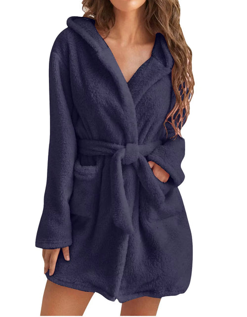 Load image into Gallery viewer, Women Bath Robe Winter Fluffy Plush Pyjamas Ladies Sexy Hooded Dressing Solid Color Gown Warm Bathrobe Female Home Clothing
