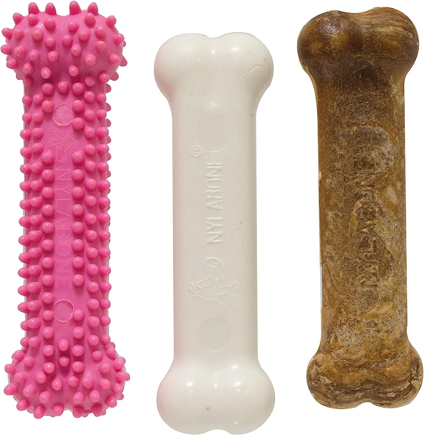 Puppy Triple Pack - Pink Puppy Teething Toy, Nylon Dog Toy, & Chew Treat Variety Pack - Puppy Supplies - Chicken and Bacon Flavors, Small/Regular (3 Count)