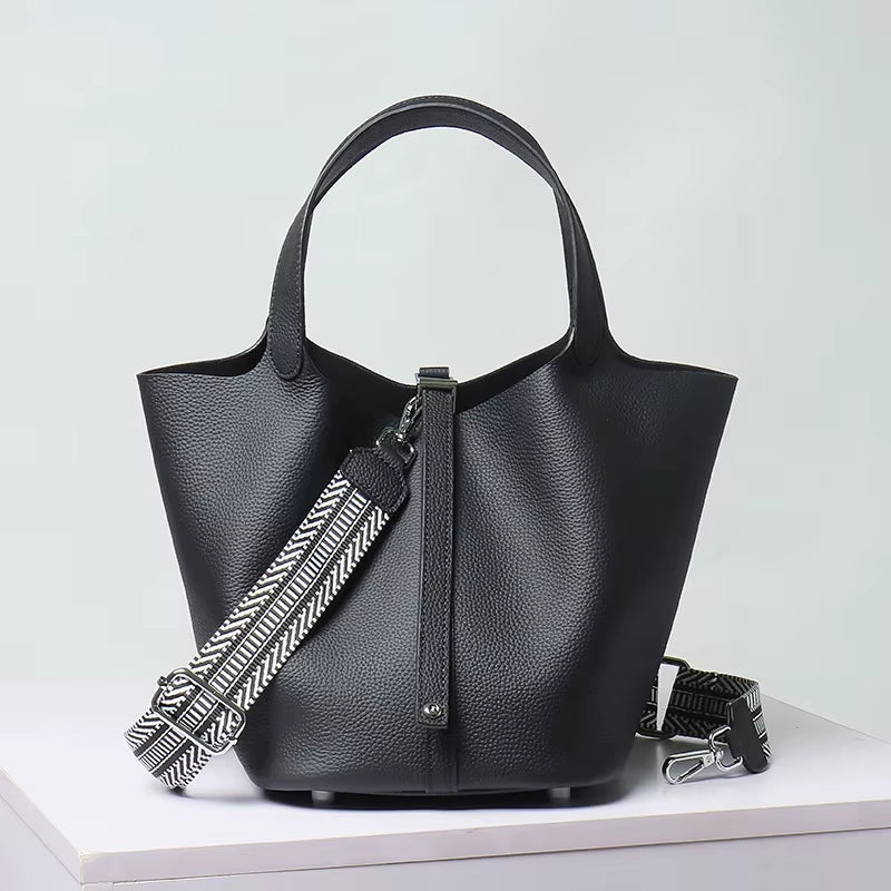 Various Genuine Leather Luxury Bag Fashion  Vegetable Basket Style Portable Women Bucket Bag with Lock