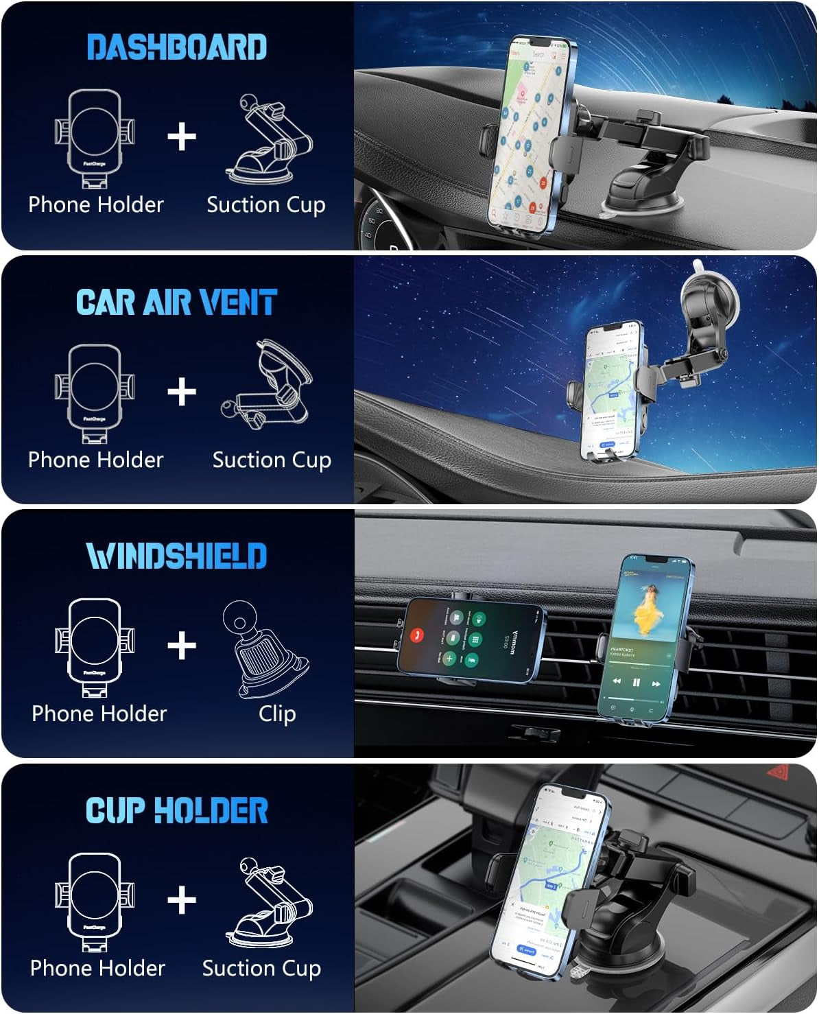 Wireless Car Charger, Fast Charging Phone Holder 3 in 1 Phone Mount Auto Clamping Car Accessories Compatible with Iphone 16 15 14 13 12 11 Xs XR, Samsung S23 Ultra S22 S21 S20/S10+ S9+ Note 9