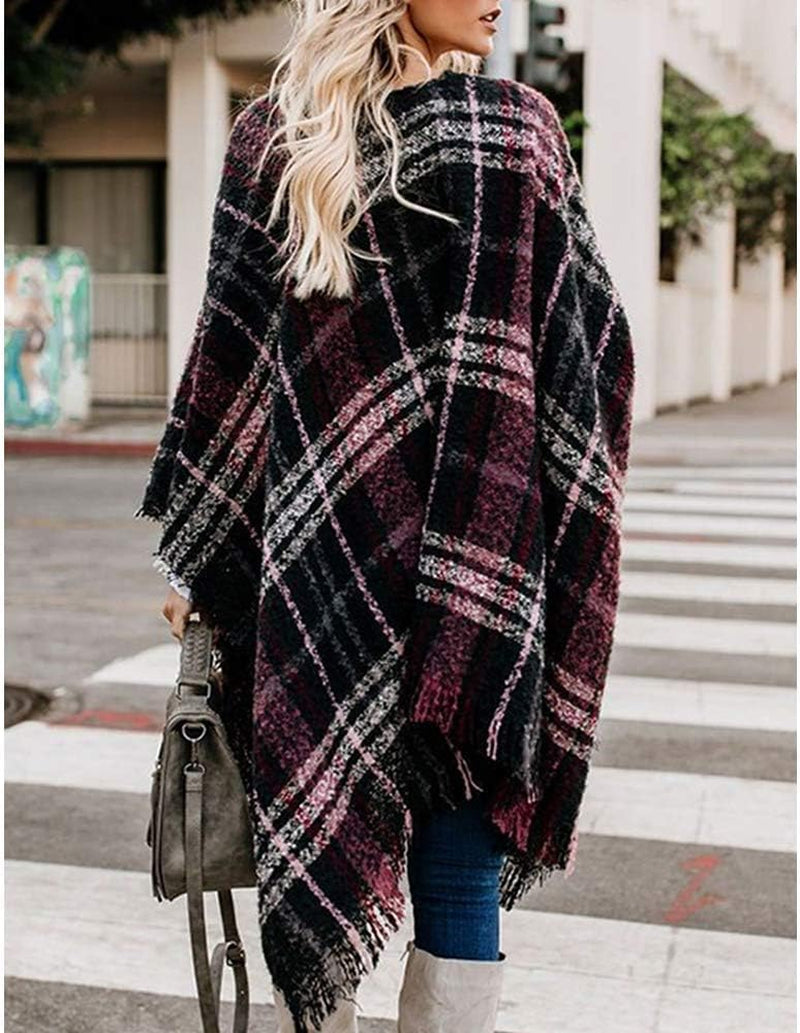 Womens Ponchos and Wraps,Juniors Knit Open Front Boho Buffalo Cardigan Oversized Plaid Shawl Cape Sweater