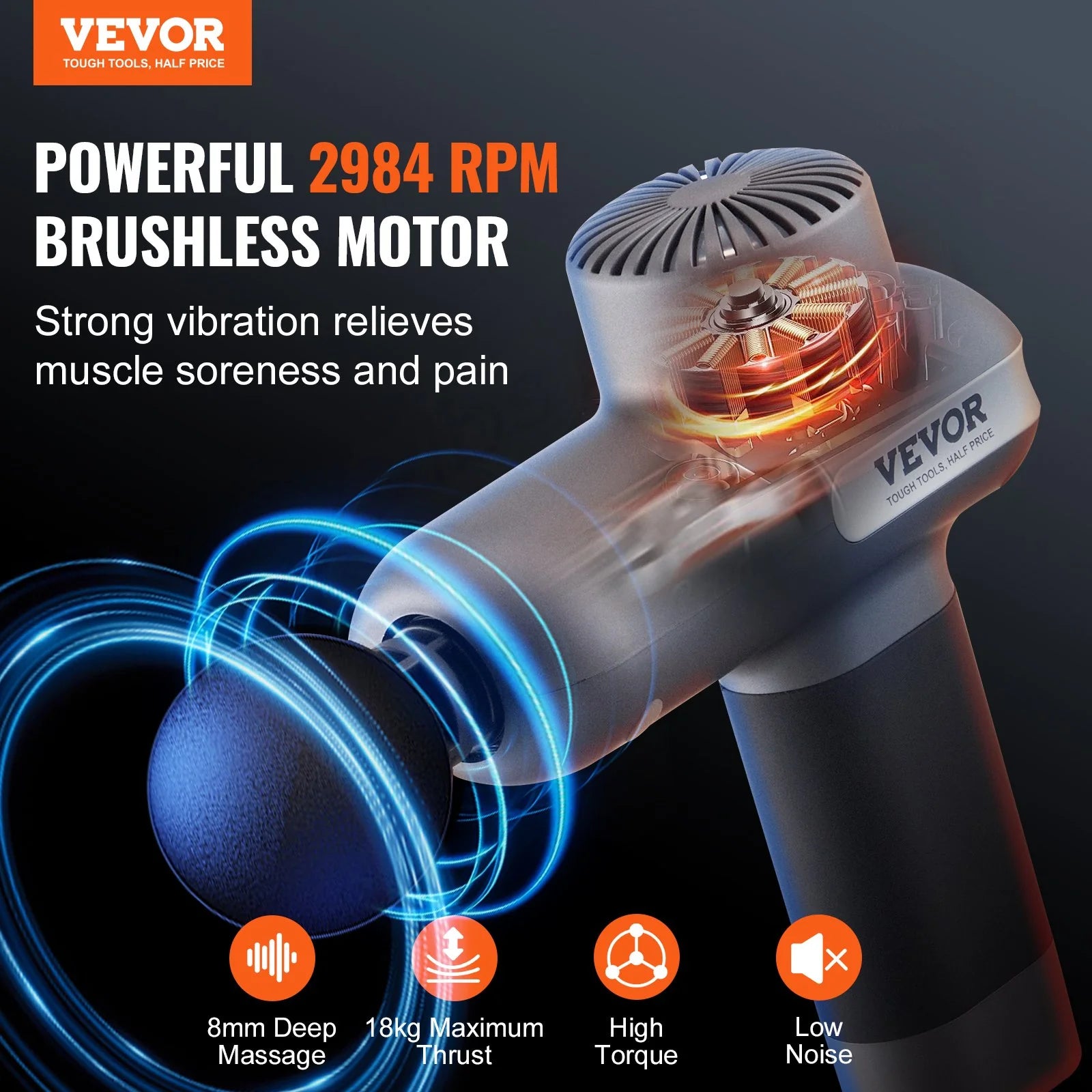 VEVOR Professional Deep Tissue Massage Gun - Percussion Muscle Massager for Athletes with 5 Speed Levels, 6 Interchangeable Massage Heads, 7.4V 2500mAh Battery, Handheld Electric Device for Pain Relief and Muscle Relaxation