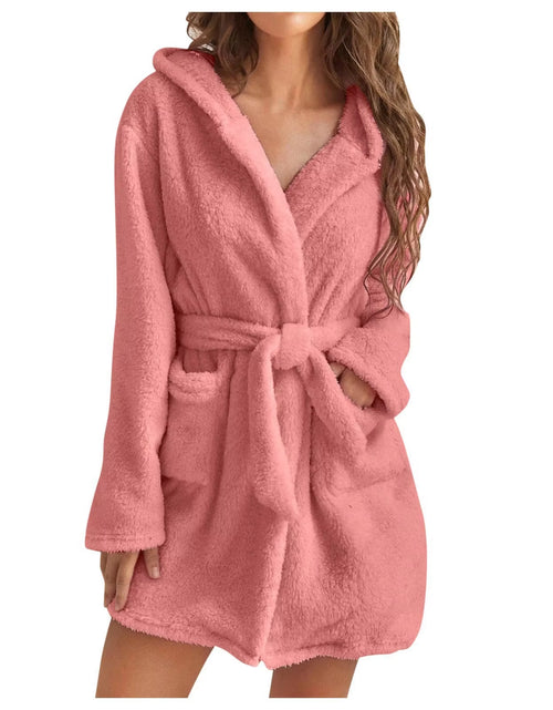 Load image into Gallery viewer, Women Bath Robe Winter Fluffy Plush Pyjamas Ladies Sexy Hooded Dressing Solid Color Gown Warm Bathrobe Female Home Clothing
