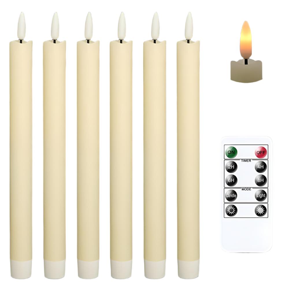 Flameless Ivory Taper Candles Flickering with 10-Key Remote, Battery Operated Led Warm 3D Wick Light Window Candles Real Wax Pack of 6, Christmas Home Wedding Decor(0.78 X 9.64 Inch)