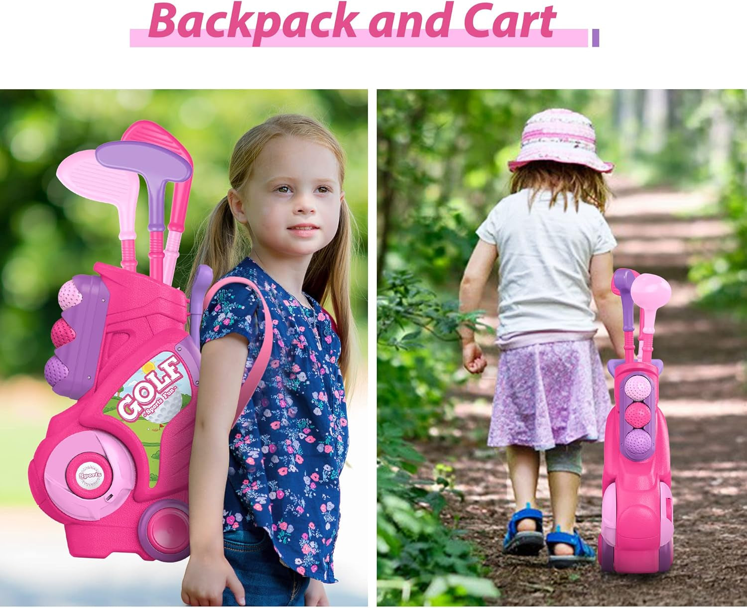 Toddler Golf Set for 1 2 3 4 5 Years Old, Upgraded Kids Golf Cart with Unique Shoulder Strap Design, Indoor and Outdoor Golf Toys for Boys Girls (Pink)