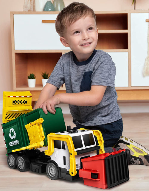 Load image into Gallery viewer, Large Friction Powered Garbage Truck Toy Set, Includes Dumpster, Trash Bins, and Learning Cards for Kids
