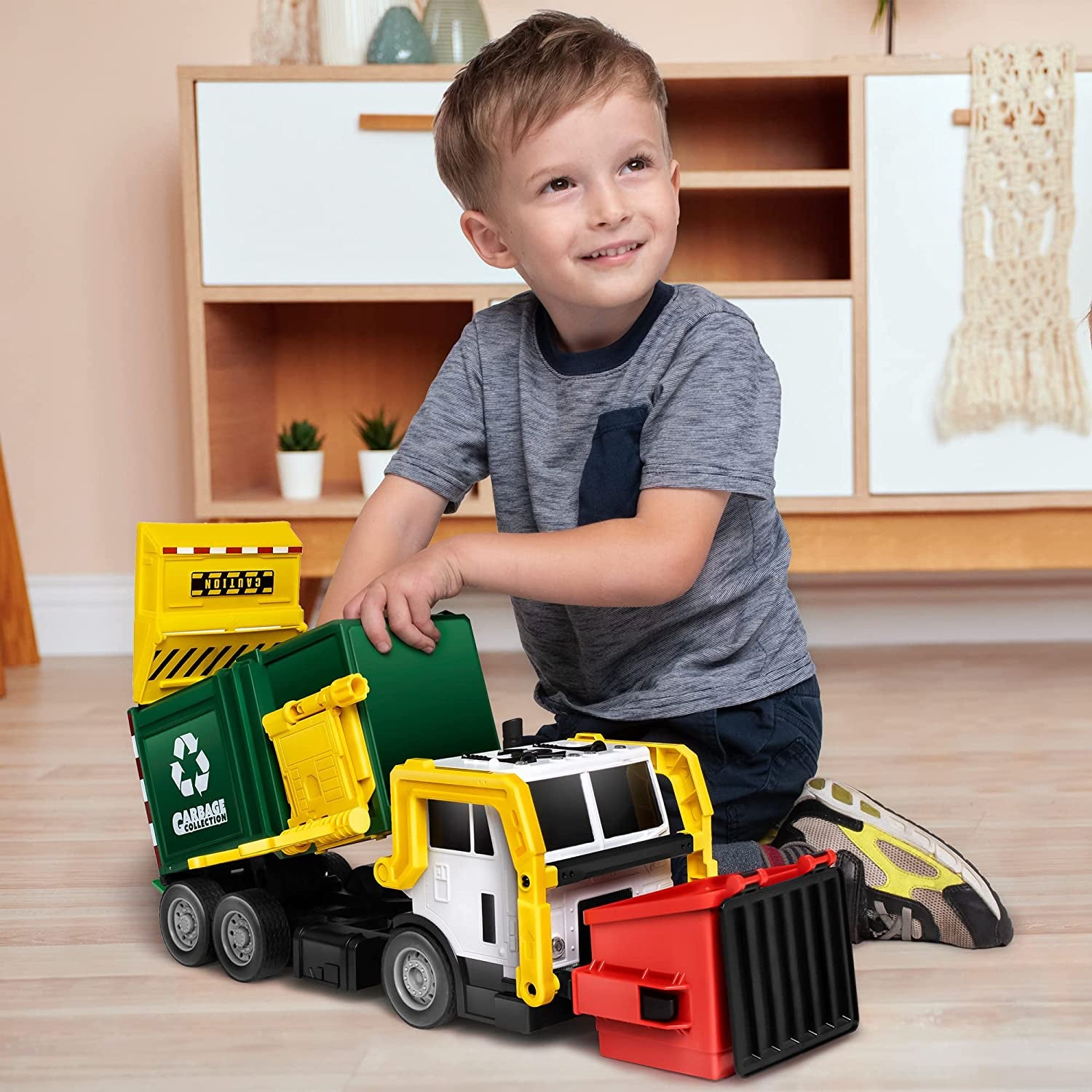 Large Friction Powered Garbage Truck Toy Set, Includes Dumpster, Trash Bins, and Learning Cards for Kids