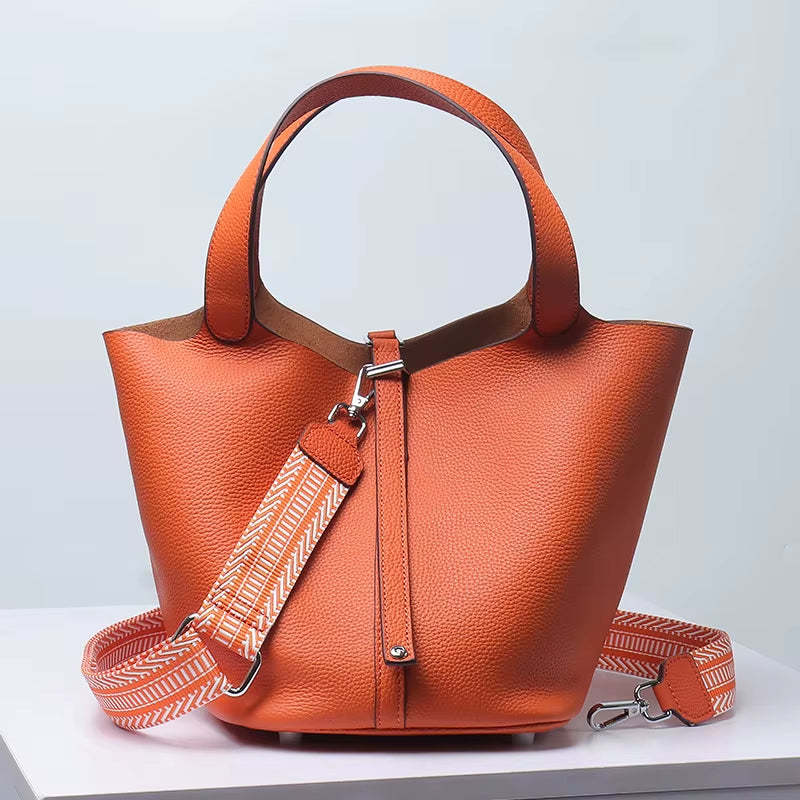 Various Genuine Leather Luxury Bag Fashion  Vegetable Basket Style Portable Women Bucket Bag with Lock