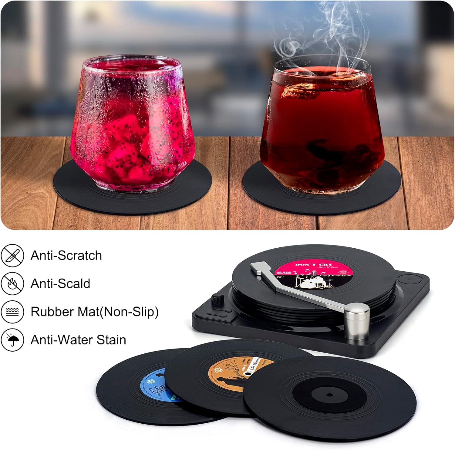 Funny Retro Vinyl Record Coasters with Player, 6 Pcs Music Coasters for Drinks, Bars, Party, Birthday Gifts for Music Lovers, Home Decor Housewarming and White Elephant Gifts Ideas