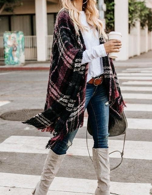 Load image into Gallery viewer, Womens Ponchos and Wraps,Juniors Knit Open Front Boho Buffalo Cardigan Oversized Plaid Shawl Cape Sweater
