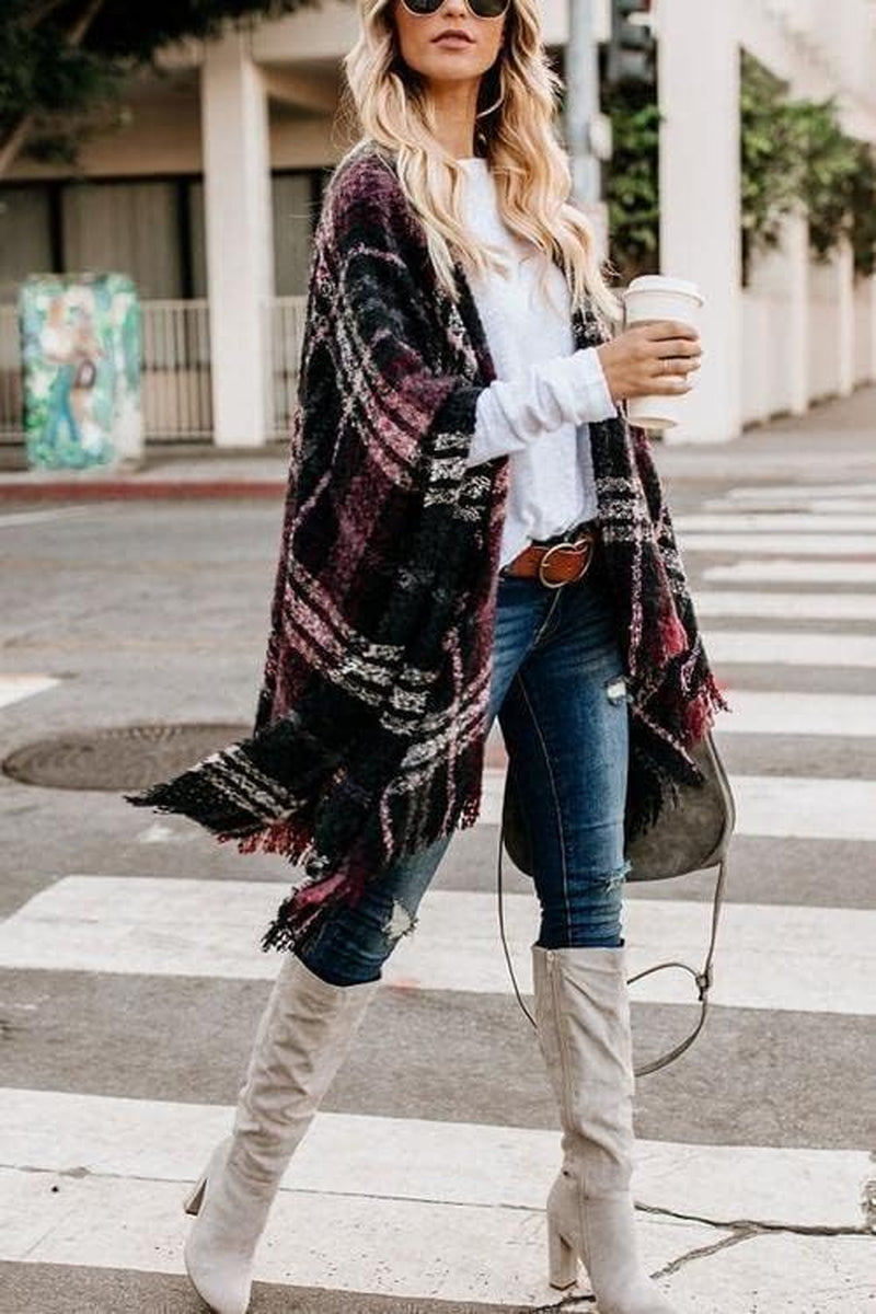 Womens Ponchos and Wraps,Juniors Knit Open Front Boho Buffalo Cardigan Oversized Plaid Shawl Cape Sweater