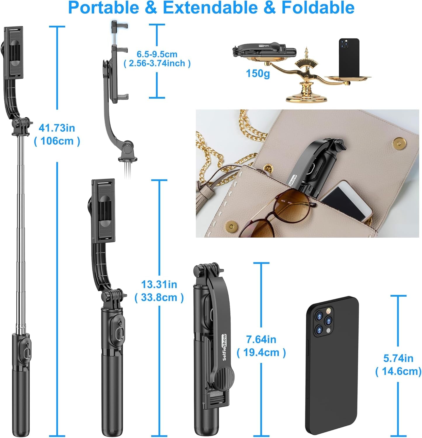 Selfie Stick, Extendable Selfie Stick Tripod with Wireless Remote and Tripod Stand, Portable, Lightweight, Compatible with Iphone 15 14 13 12 Pro Xs Max X 8Plus, Samsung Smartphone and More