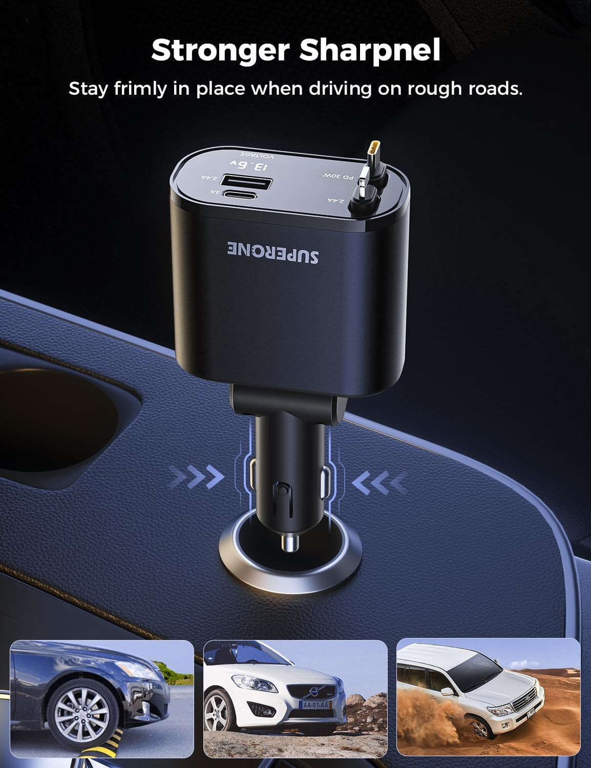 【Upgraded】  Retractable Car Charger 4 in 1, Fast Car Phone Charger with Cord 2.6Ft, USB C and Apple Car Charger Adapter, Compatible with Iphone 16 15/15 Pro Max/14/13/12/11, Galaxy, Pixel